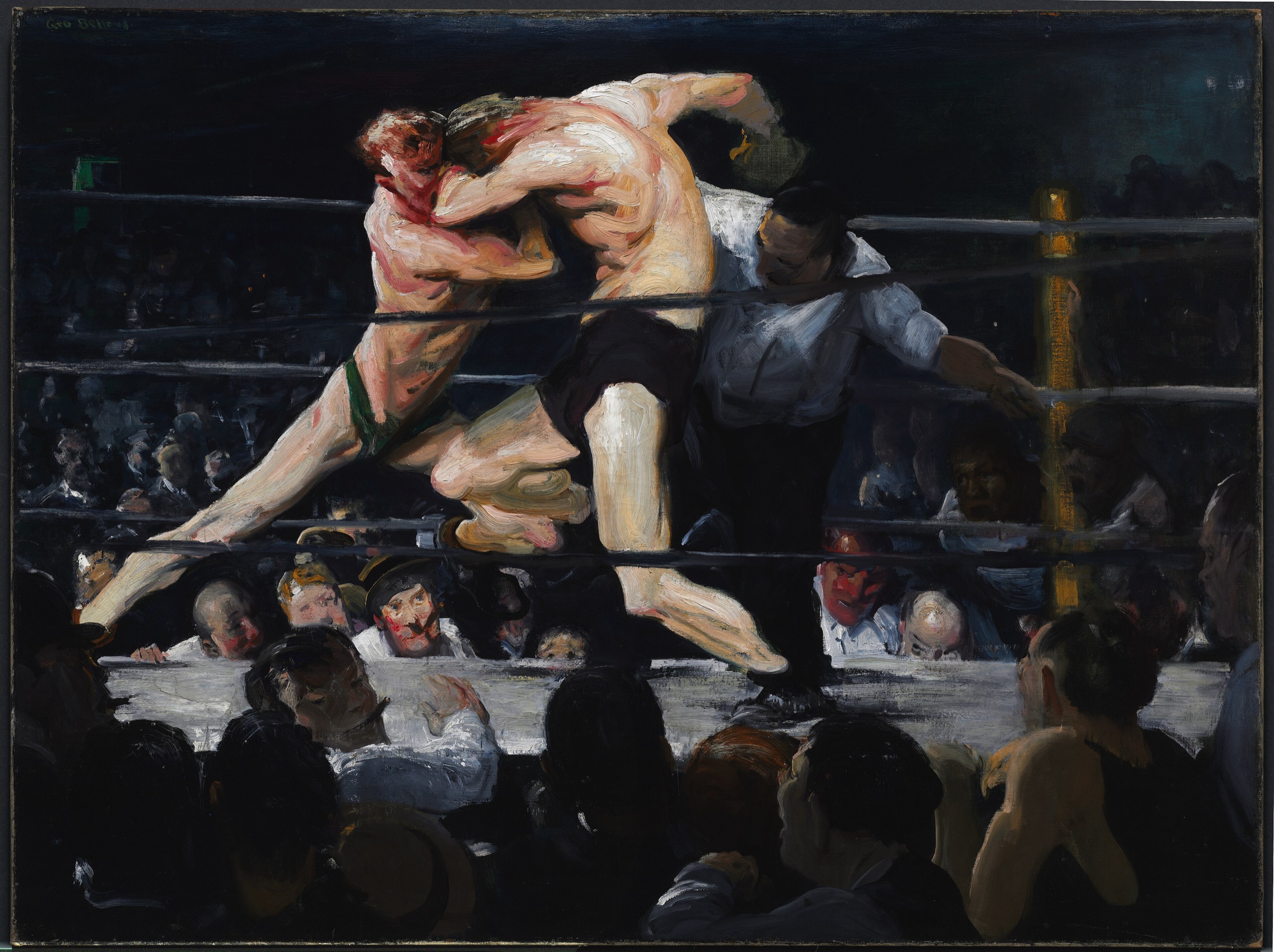 Stag at Sharkey's by George Bellows, two fighters locked together in the light above a crowd of shouting faces in the dark