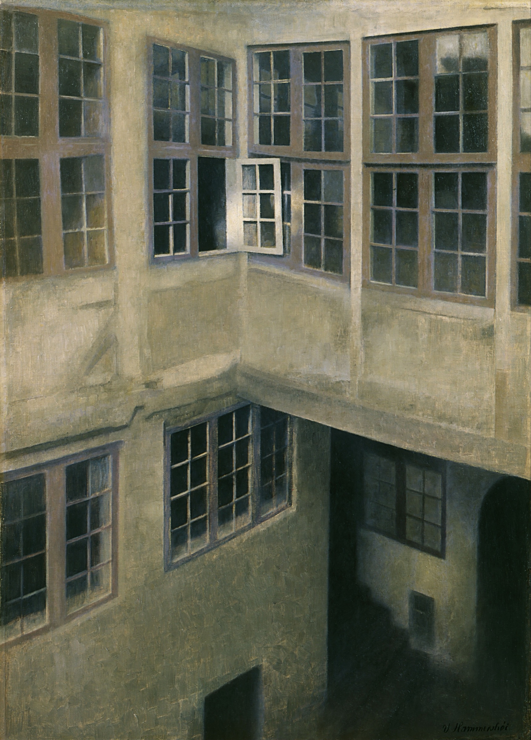 Interior of a courtyard, Strandgade 30, by Vilhelm Hammershoi, a silent enclosed courtyard of windows with no people visible