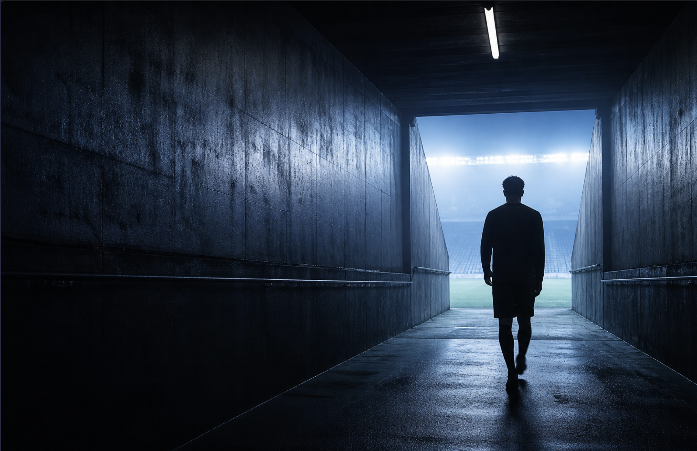 A solitary footballer walking out of a stadium tunnel toward the floodlit pitch. Original imagery for Issue 02.