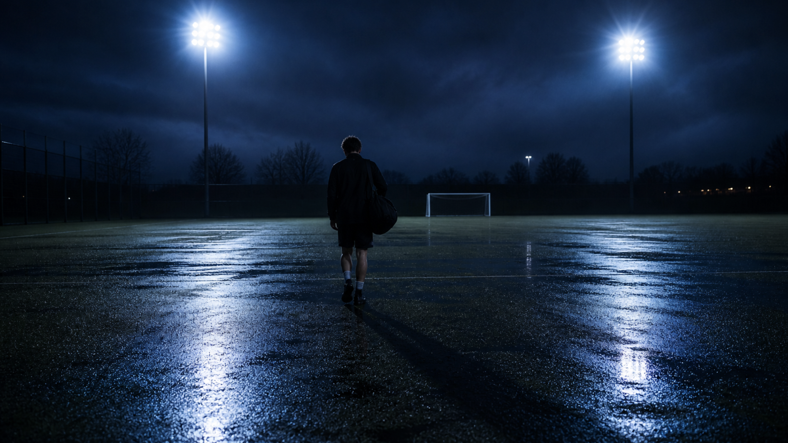 A young footballer running alone on a foggy morning pitch.