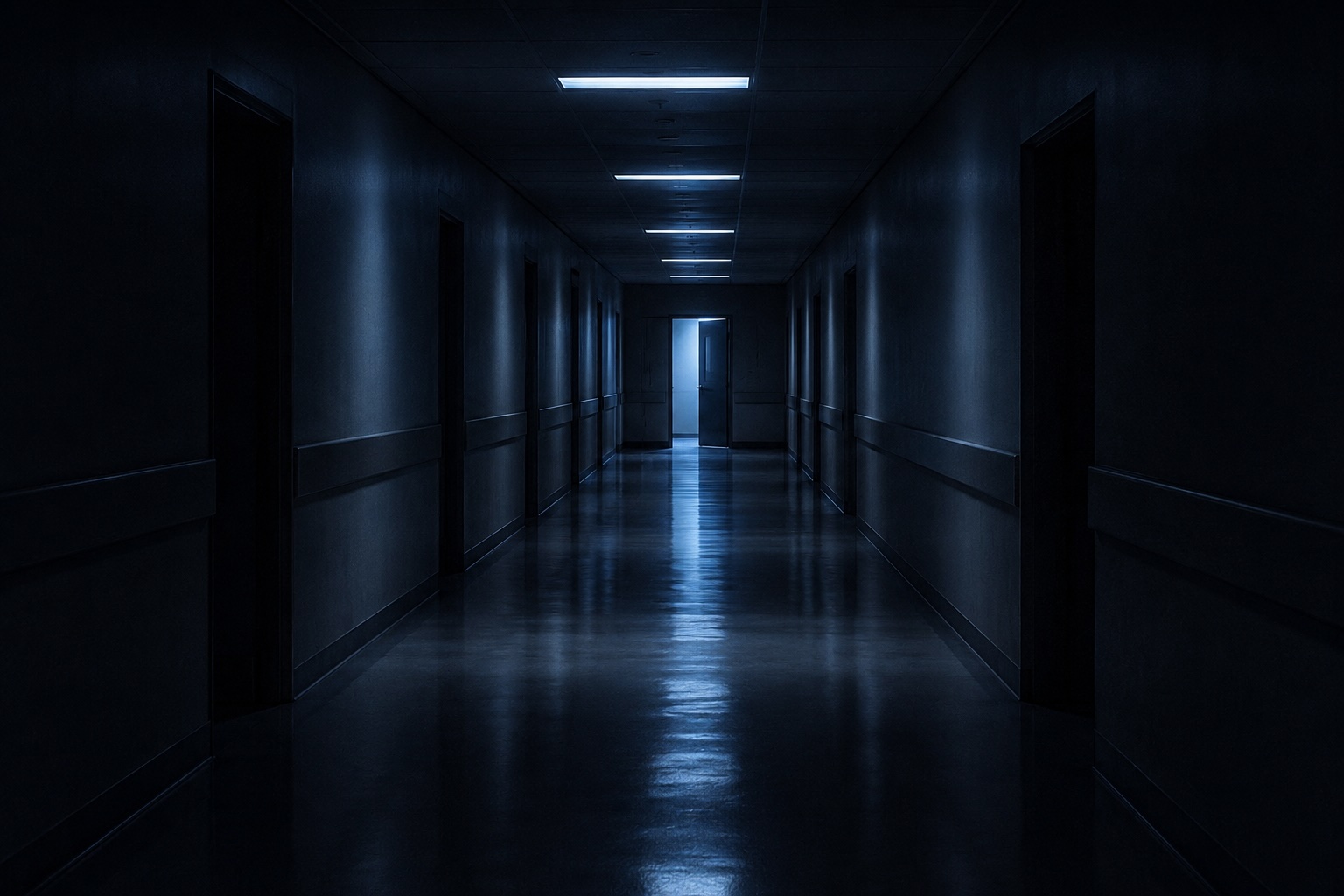 An empty hospital corridor at night, fluorescent strip light overhead, a single open door at the far end. Original imagery for Issue 03.