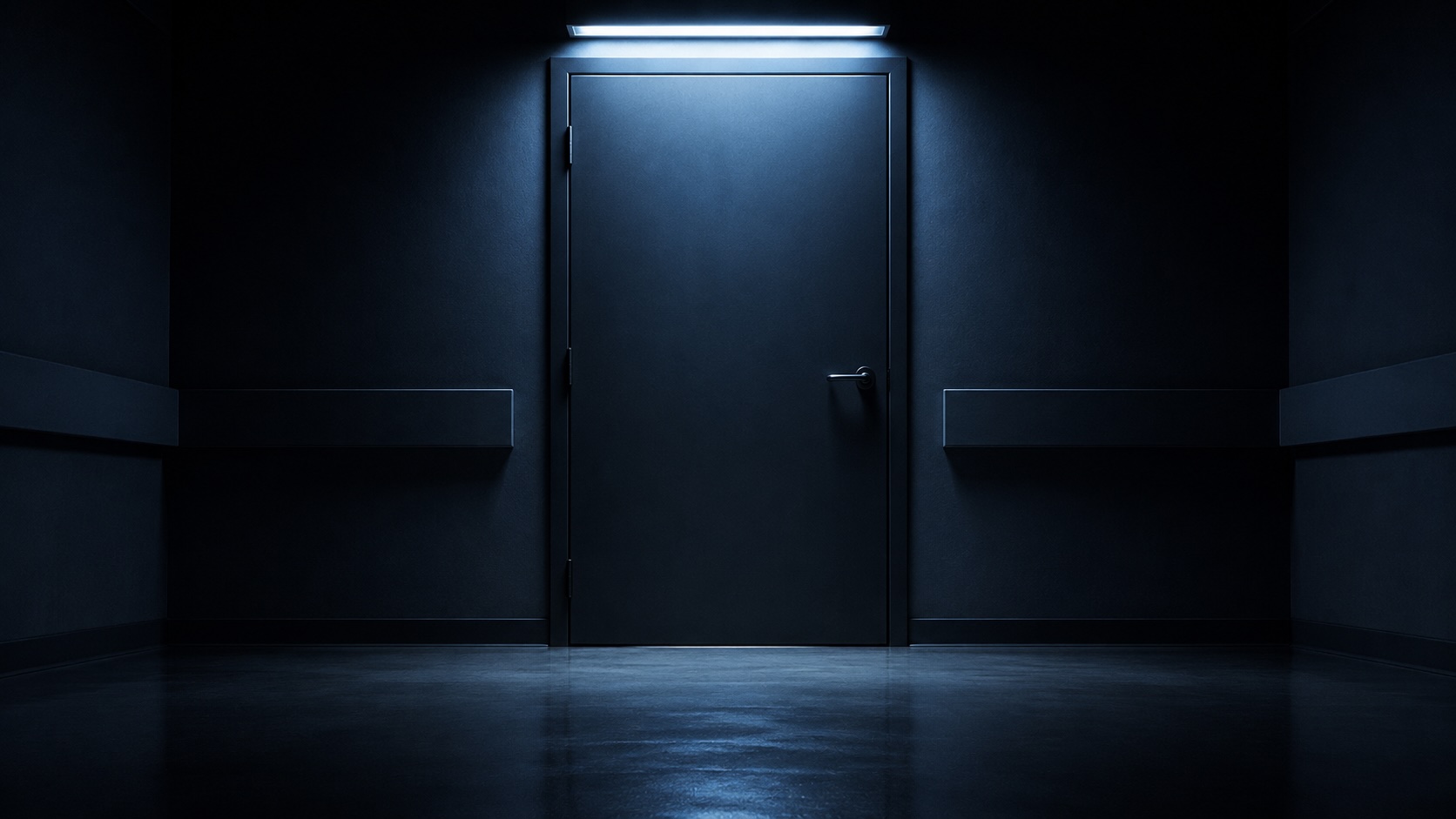 An empty hospital ward corridor at night, single open door, cold fluorescent light.