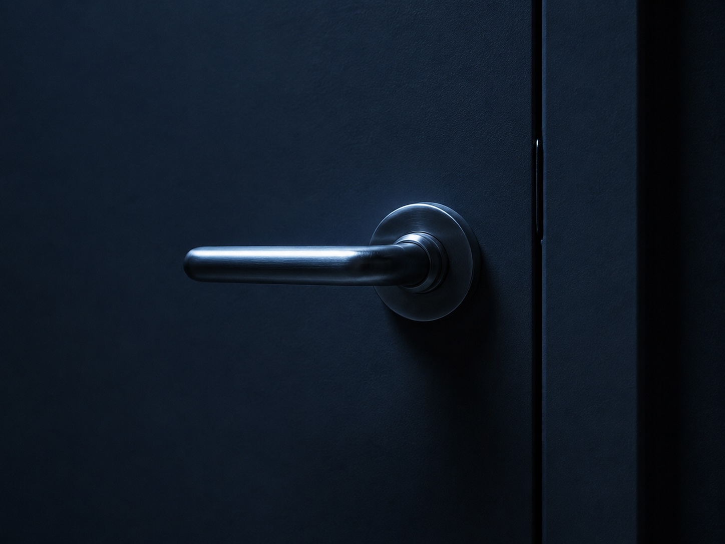 A single closed ward door, dim corridor light catching the edge of the frame.