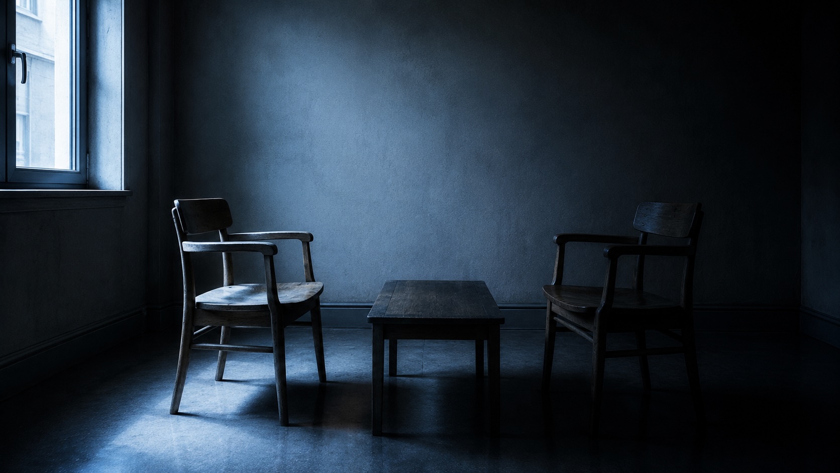 An empty waiting-room with two chairs facing each other, low evening light through a window.
