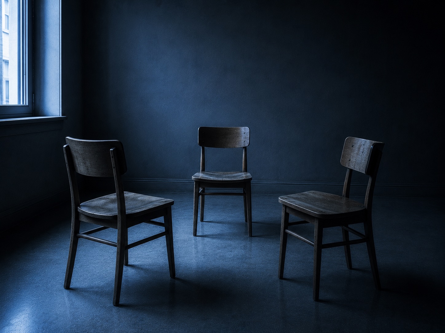 A row of three empty wooden chairs arranged facing each other, low side light.