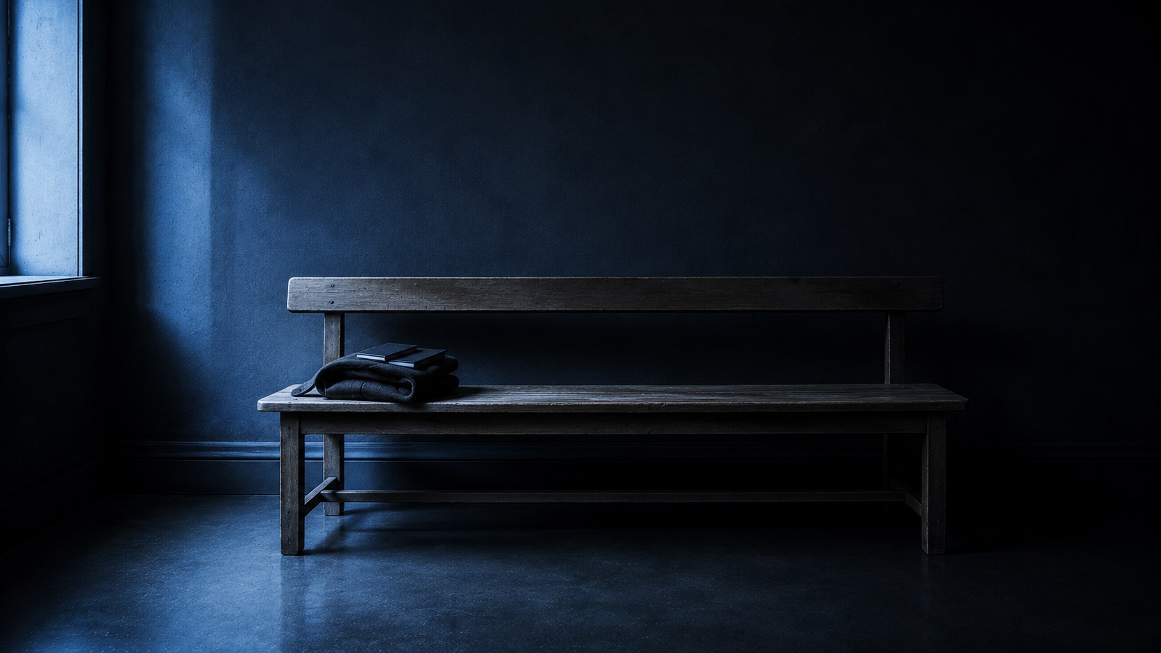 A single bench in low side light, the suggestion of someone who has just left.