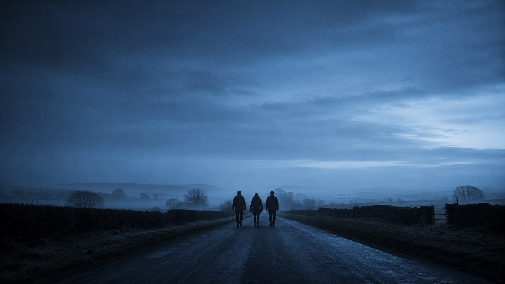 Three figures, seen from behind, walking a quiet road into low morning light. Companions, not patients.